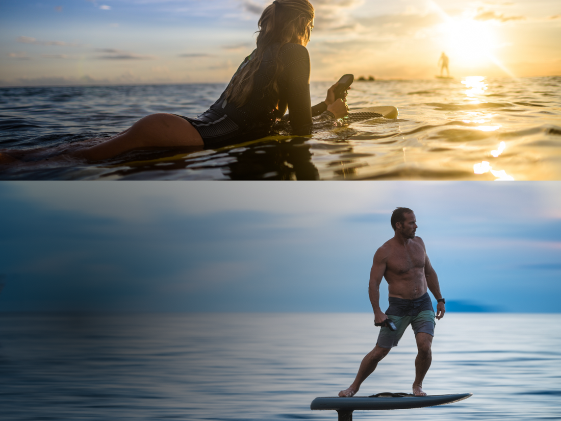 Split screen of people riding eFoils