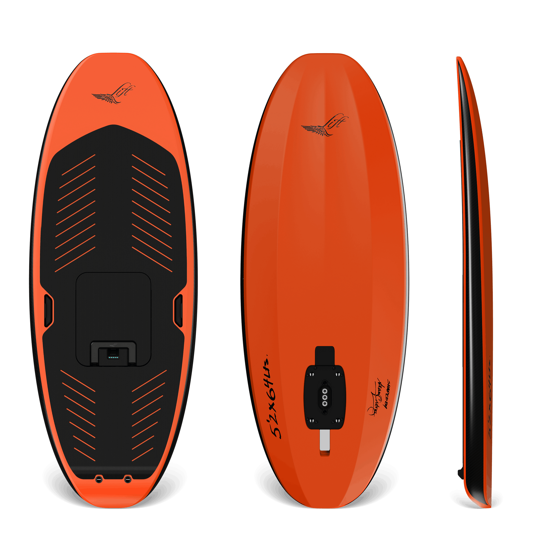 Orange and black efoil profile views with branding on a black background