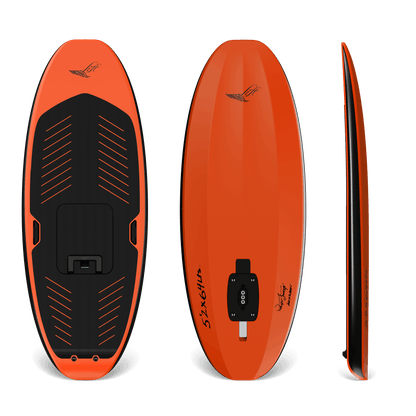 Orange and black efoil profile views with branding on a black background