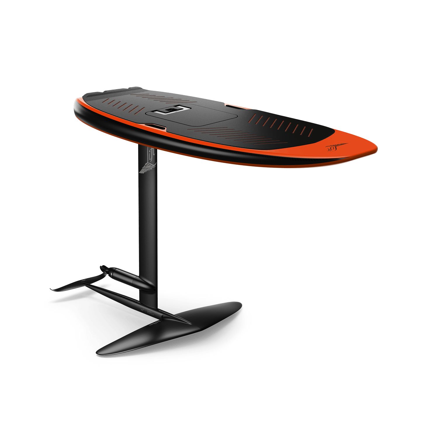 Black and orange stand-up paddleboard on a black background