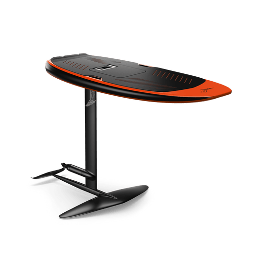 Black and orange stand-up paddleboard on a black background