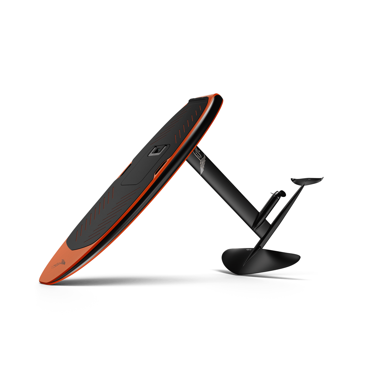 Orange and black stand-up paddleboard with a black stand on a white background