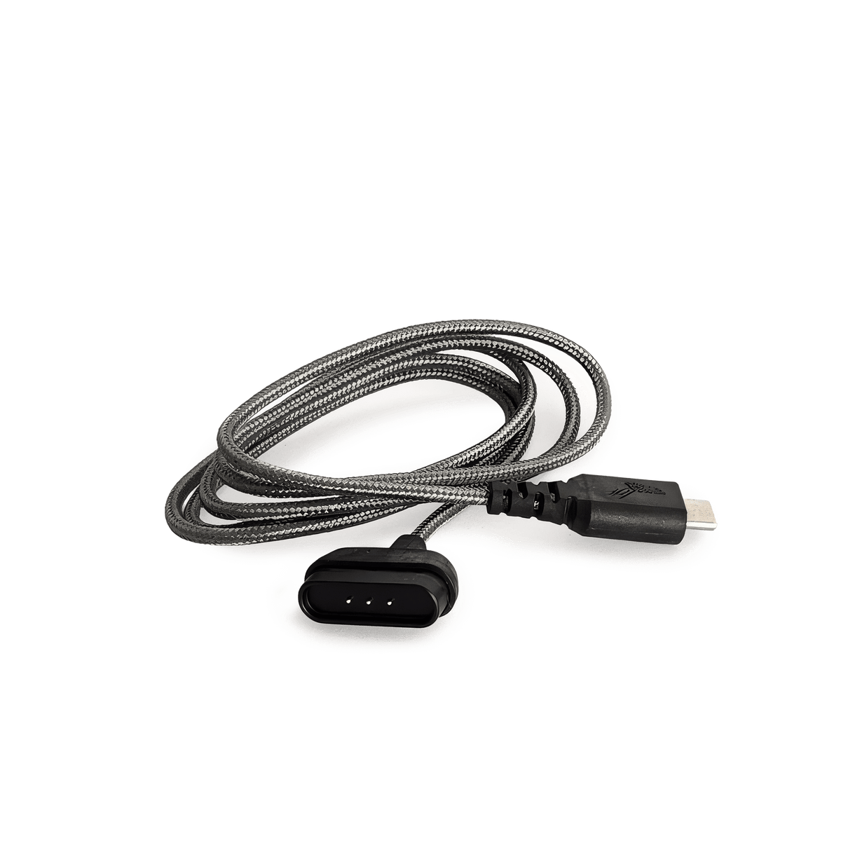 Lift Hand Controller Charging Cable coiled, showing the braided jacket, magnetic three pogo pin connector, and USB-C end