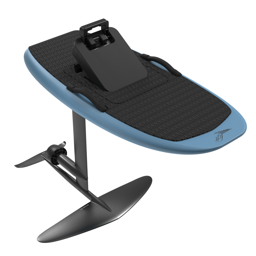 Blue and black LIFT5 eFoil with a handle on a white background