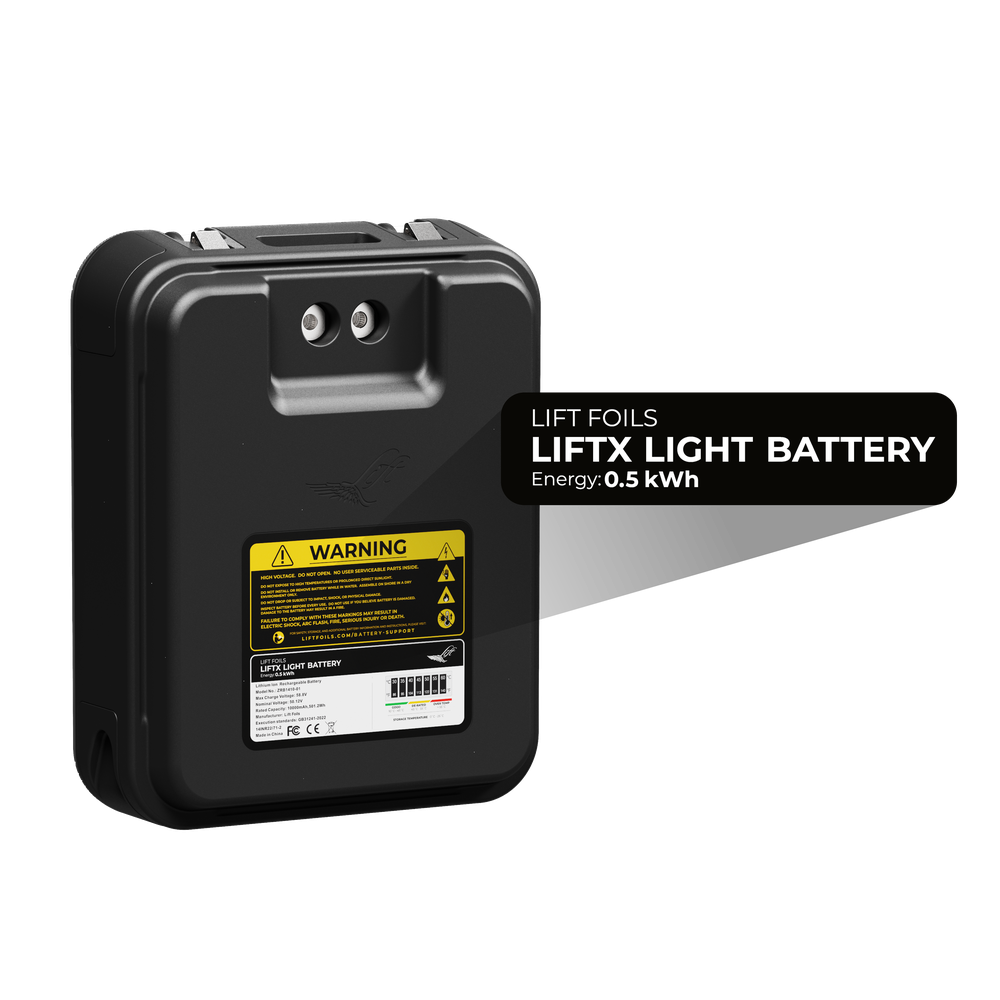 LiftX Light Battery with warning label on a white background